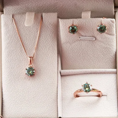Conjunto de Joyas de Plata de Ley 925 para Mujer Collar de Moissanita Verde Pendientes de Botón Anillo Ajustable Joyería de Piedras Redondas