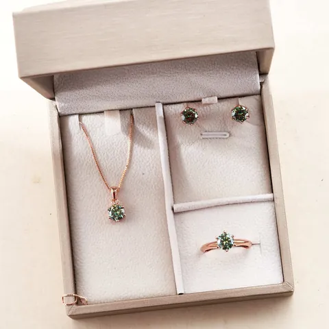 Conjunto de Joyas de Plata de Ley 925 para Mujer Collar de Moissanita Verde Pendientes de Botón Anillo Ajustable Joyería de Piedras Redondas