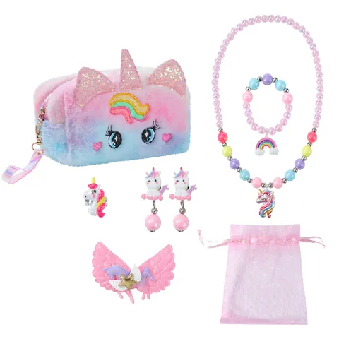 Girls Unicorn Jewelry Set With Rainbow Plush Makeup Bag Beaded Necklace Bracelet Earrings Ring Hair Clip Accessory Gift Set