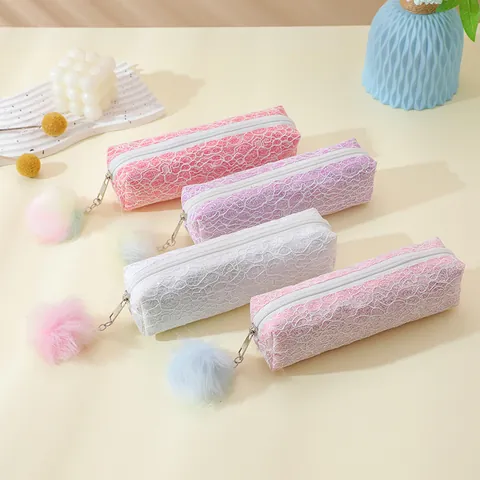 Glitzer Pailletten Spitze Mäppchen Mit Bommel-Anhänger Für Schüler Tragbare Make-up Aufbewahrungstasche Schreibwaren Organizer Damen Kinder