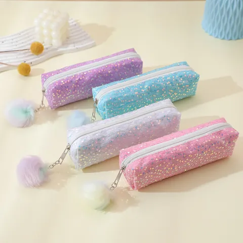 Estuche de Lentejuelas Brillantes Con Pompones Bolsa de Papelería para Estudiantes Estuche de Maquillaje Multiusos para Niñas Escuela Oficina