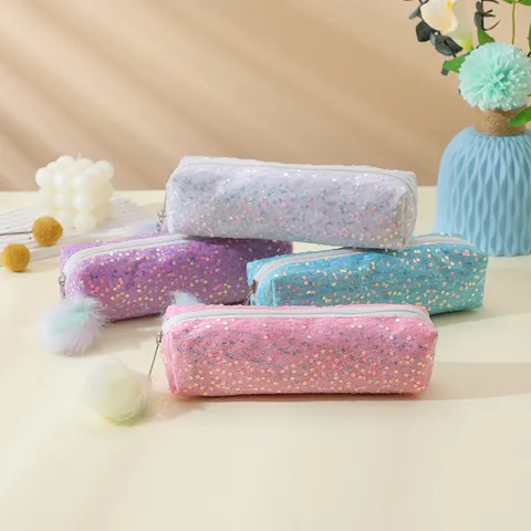 Estuche de Lentejuelas Brillantes Con Pompones Bolsa de Papelería para Estudiantes Estuche de Maquillaje Multiusos para Niñas Escuela Oficina