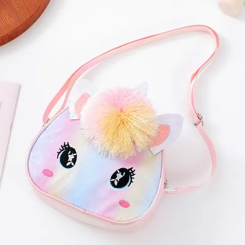 Süße Einhorn Glitzer PU Umhängetasche Für Mädchen Mit Pompon Große Augen Stickerei Cartoon Pailletten Kleine Schultertasche