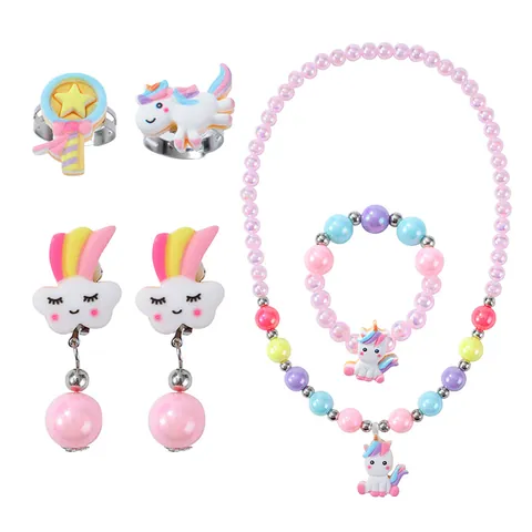 Kids Unicorn Beaded Jewelry Set Colorful Resin Necklace Bracelet Clip On Earrings Rings For Girls Birthday Party Gift