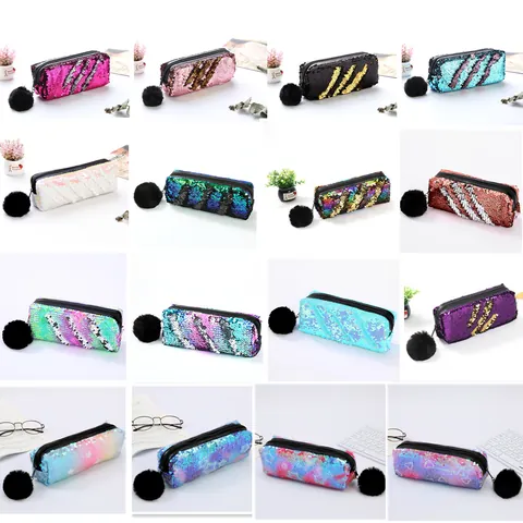 Reversible Sequin Pencil Case For Girls With Fur Ball Charm Makeup Bag Mermaid Glitter Cosmetic Pouch School Stationery