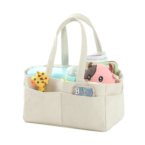 Corduroy Diaper Bag Caddy Large Capacity Maternal Organizer Tote Bag Multi-Pocket Foldable Nursery Storage Bin For Baby Essentials
