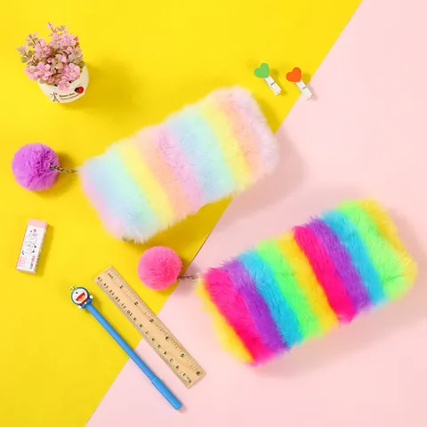 Colorful Rainbow Plush Pencil Case Large Capacity Stationery Bag With Pom Pom Keychain For Students Women Faux Fur Makeup Pouch Organizer