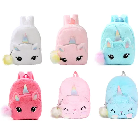 Kids Plush Unicorn Backpack Cute Cartoon Soft Faux Fur School Bag For Girls Children Gift White Pink Blue Travel Daypack