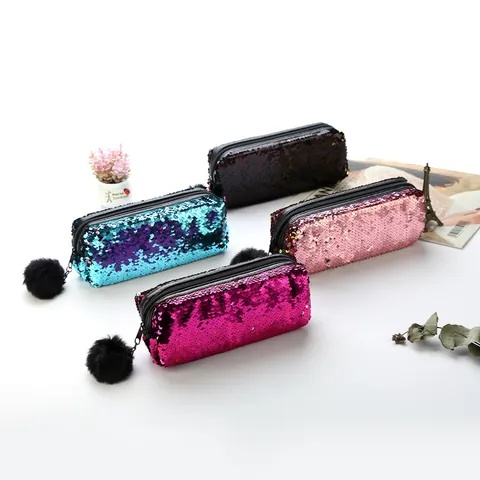 Reversible Sequin Pencil Case For Girls With Fur Ball Charm Makeup Bag Mermaid Glitter Cosmetic Pouch School Stationery