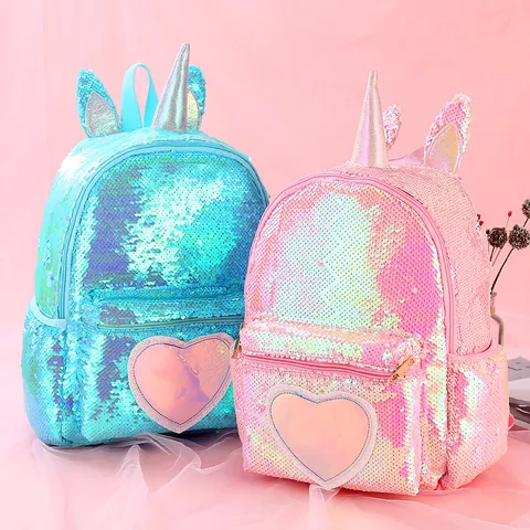 Cute Unicorn Sequin Backpack For Girls Holographic Heart Pattern School Bag Glitter Polyester Kids Travel Daypack Gift