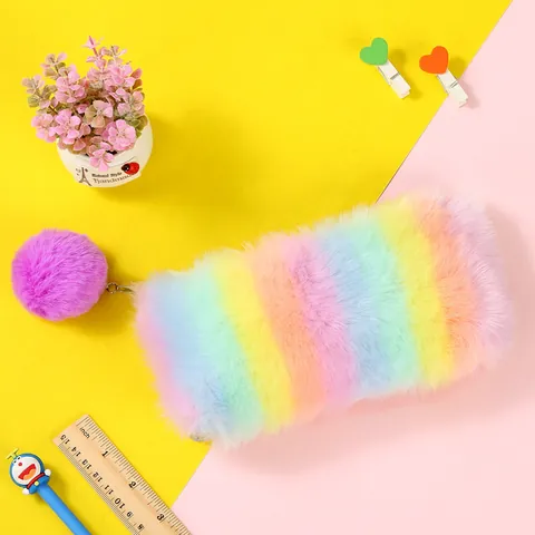 Colorful Rainbow Plush Pencil Case Large Capacity Stationery Bag With Pom Pom Keychain For Students Women Faux Fur Makeup Pouch Organizer