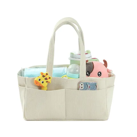 Corduroy Diaper Bag Caddy Large Capacity Maternal Organizer Tote Bag Multi-Pocket Foldable Nursery Storage Bin For Baby Essentials