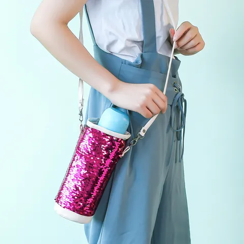 Bolsa Portabotellas de Agua con Lentejuelas Reversibles y Correa de Hombro Ajustable Funda Aislante Portátil para Botellas para Escuela Viajes Mujeres Niños