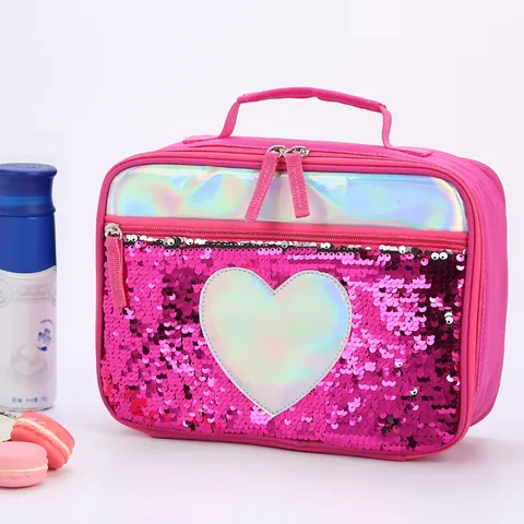 Reversible Sequin Insulated Lunch Bag For Kids Students Holographic Heart Star Pattern Thermal Cooler Picnic Bag Handheld Portable Meal Tote