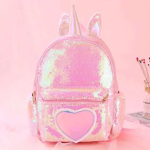 Cute Unicorn Sequin Backpack For Girls Holographic Heart Pattern School Bag Glitter Polyester Kids Travel Daypack Gift
