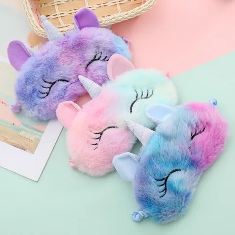 Cute Cartoon Unicorn Plush Sleep Eye Mask Soft Gradient Tie-Dye Shading Eye Cover For Travel Home Women Girls Sleepwear