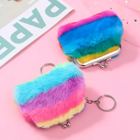 Schattige Regenboog Pluche Portemonnee Met Metalen Beugelsluiting En Sleutelhanger Draagbare Mini Pluizige Gradiënt Portefeuille