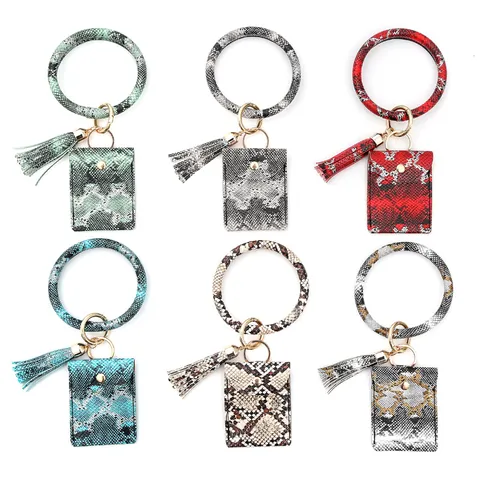 Women Snake Pattern PU Leather Wristlet Keychain With Tassel And Card Case Small Wallet Bracelet Key Ring For Daily Fashion