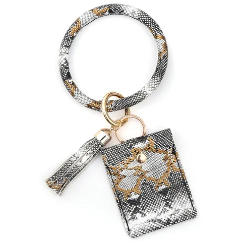Women Snake Pattern PU Leather Wristlet Keychain With Tassel And Card Case Small Wallet Bracelet Key Ring For Daily Fashion