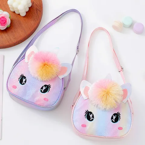 Süße Einhorn Glitzer PU Umhängetasche Für Mädchen Mit Pompon Große Augen Stickerei Cartoon Pailletten Kleine Schultertasche