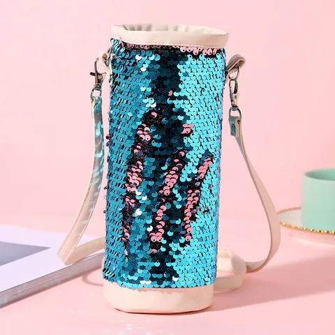 Bolsa Portabotellas de Agua con Lentejuelas Reversibles y Correa de Hombro Ajustable Funda Aislante Portátil para Botellas para Escuela Viajes Mujeres Niños