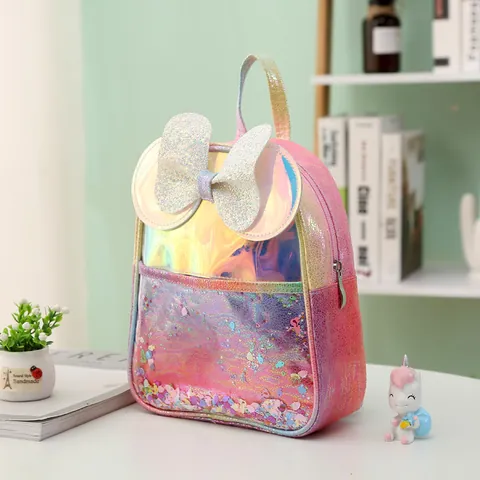 Kids Laser Rainbow Sequin Backpack Gradient Magic Color Schoolbag For Kindergarten Girls Cute Bowknot Wings Toddler Travel Daypack