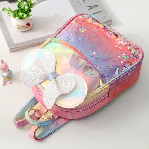 Kids Laser Rainbow Sequin Backpack Gradient Magic Color Schoolbag For Kindergarten Girls Cute Bowknot Wings Toddler Travel Daypack
