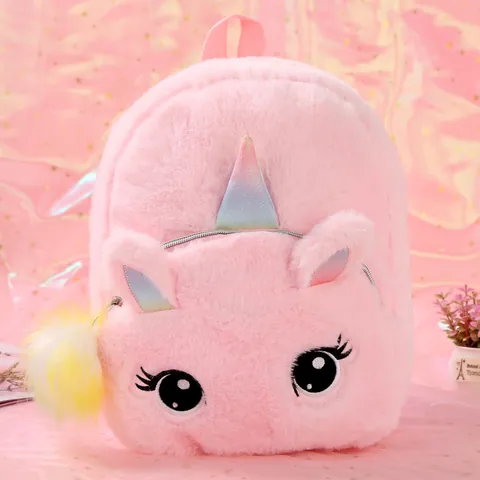 Kids Plush Unicorn Backpack Cute Cartoon Soft Faux Fur School Bag For Girls Children Gift White Pink Blue Travel Daypack
