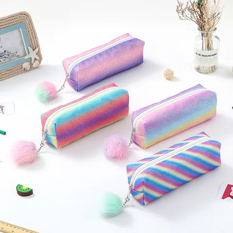Rainbow Glitter Pencil Case With Pom Pom Pendant Sparkling Stationery Storage Bag Makeup Pouch For School Kids Girls Women