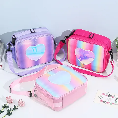Bolsa de Almuerzo Térmica para Niños Arcoíris Brillo Patrón de Corazón Portátil Picnic Bolsa Térmica Niñas Escuela Almacenamiento