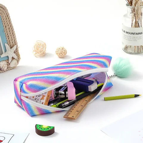 Rainbow Glitter Pencil Case With Pom Pom Pendant Sparkling Stationery Storage Bag Makeup Pouch For School Kids Girls Women