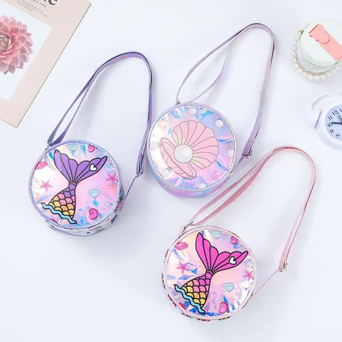 Kids Round Sequin Crossbody Bag Unicorn Mermaid Pattern Glitter Shoulder Bag For Girls Cartoon Rainbow Party Gift Handbag