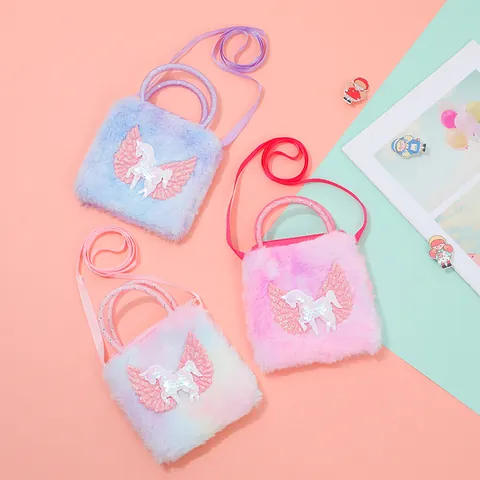 Kids Plush Rainbow Unicorn Crossbody Bag Cute Sequin Cartoon Small Square Round Handbag Girls Shoulder Purse Gift Bag