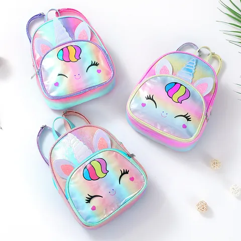 Süßer Einhorn Kinder Holografischer Laser Mini Rucksack Für Mädchen Cartoon Schultasche Mit Pompon Prinzessin Reisetasche