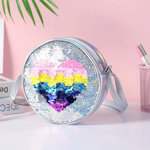 Kids Round Crossbody Bag Iridescent Laser PU Leather Reversible Sequin Rainbow Heart Shoulder Bag For Girls Party Gift