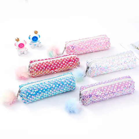 Astuccio per Matite con Paillettes Arcobaleno con Pompon Borsa per Cosmetici in Poliestere per Studenti Cancelleria per la Scuola