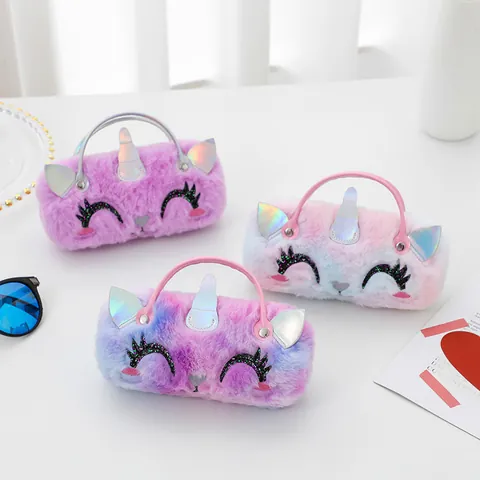 Cute Plush Unicorn Glasses Case Portable Handheld Mini Bag For Kids Cartoon Embroidery Soft Eyeglasses Storage Bag