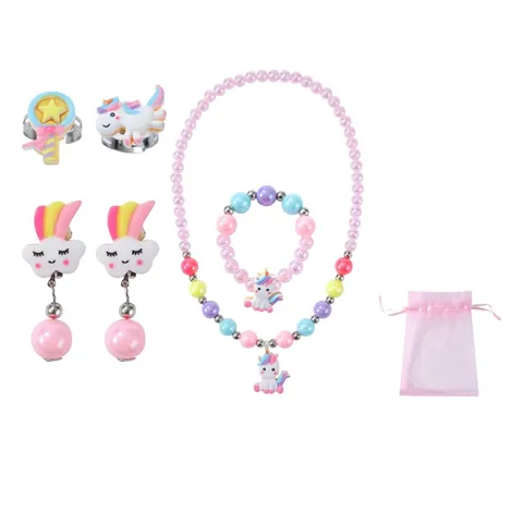 Kids Unicorn Beaded Jewelry Set Colorful Resin Necklace Bracelet Clip On Earrings Rings For Girls Birthday Party Gift
