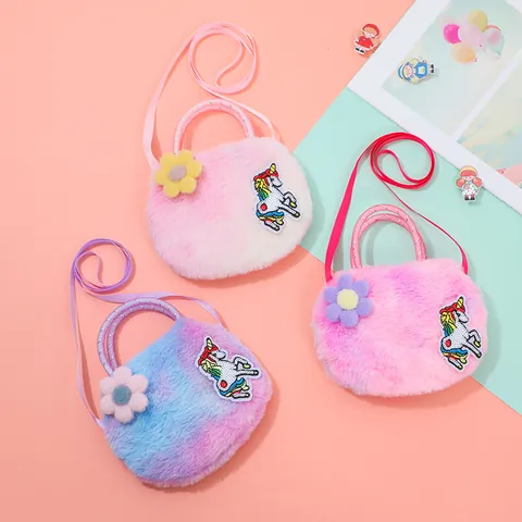 Kids Plush Rainbow Unicorn Crossbody Bag Cute Sequin Cartoon Small Square Round Handbag Girls Shoulder Purse Gift Bag