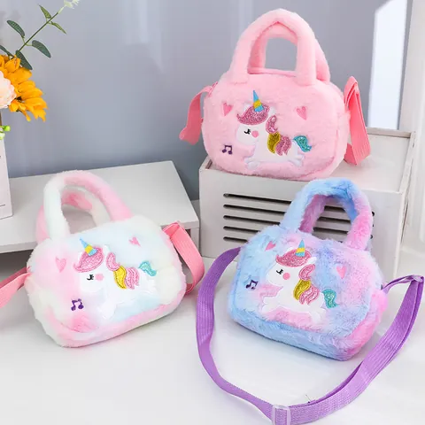 Lindo Bolso Bandolera de Peluche de Unicornio para Niños Degradado Arcoíris Bolso de Mano de Dibujos Animados para Niñas