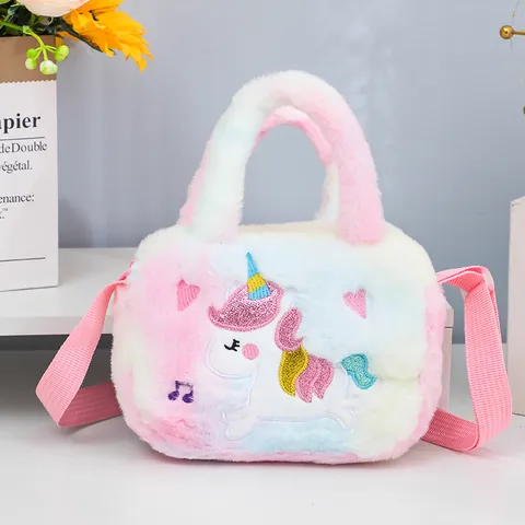 Lindo Bolso Bandolera de Peluche de Unicornio para Niños Degradado Arcoíris Bolso de Mano de Dibujos Animados para Niñas