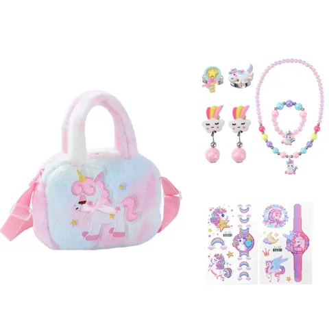 Kinder Einhorn Schmuckset Mit Umhängetasche Regenbogen Perlenkette Armband Ring Ohrringe Mädchen Rollenspiel Zubehör Geschenk