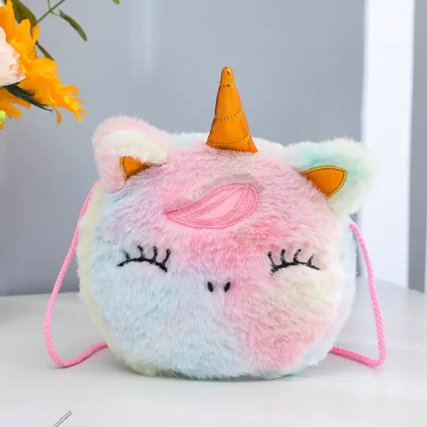Süße Einhorn Umhängetasche Aus Plüsch Für Kinder Mädchen Regenbogen Farbverlauf Mini Schultertasche Rund Münzbörse Geschenk