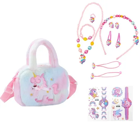 Set di Gioielli con Borsa a Tracolla in Peluche a Forma di Unicorno per Bambini Per Ragazze con Collana Bracciale Anello Fascia Orecchini Mollette per Capelli Accessori Arcobaleno Cartone Animato