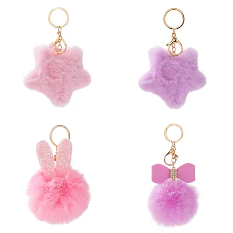 Cute Plush Star Fur Ball Keychain With Bow Bunny Ears Sequin Rhinestone Faux Fur Bag Pendant For Kids Women Gift Accessory