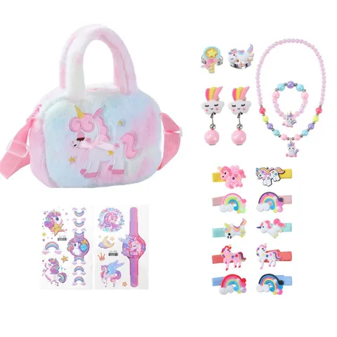 Kids Plush Unicorn Crossbody Bag Jewelry Set Rainbow Beaded Necklace Bracelet Rings Hair Clips Stickers Toy Gift For Girls