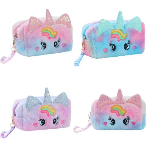 Cute Plush Unicorn Cosmetic Bag Gradient Rainbow Stationery Pouch With Holographic Handle Strap For Girls Women Travel Makeup Storage Bag