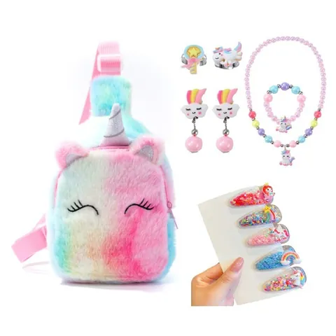 Set Gioielli Unicorno Per Bambina Con Borsa A Tracolla In Peluche Arcobaleno Collana Bracciale Orecchini Anelli Fermagli Per Capelli Accessori Festa