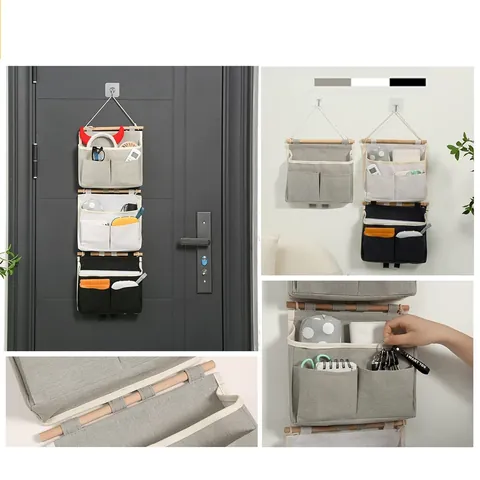 Wandmontierte Baumwolle Leinen Hängende Aufbewahrungstasche Mit 3 Taschen Holzstab Minimalistischer Organizer Für Schlafzimmer Bad