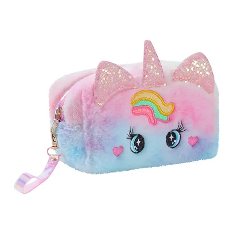 Cute Plush Unicorn Cosmetic Bag Gradient Rainbow Stationery Pouch With Holographic Handle Strap For Girls Women Travel Makeup Storage Bag